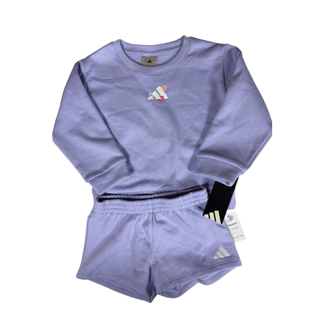Adidas Girls Lavender Sweatshirt Shorts Set 3T NWT Floral Logo 2 Piece Outfit